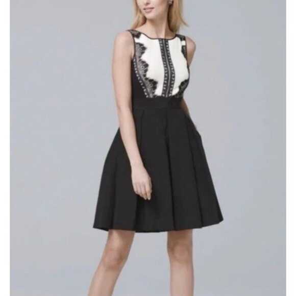 WHBM Dress 12 Ivory Black Tuxedo Lace A Line Sleeveless Pockets Party Wedding - Picture 1 of 16